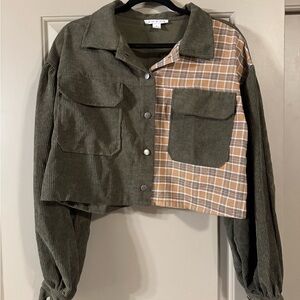 Cropped Green Jean Jacket with Split Design and Plaid Pattern
